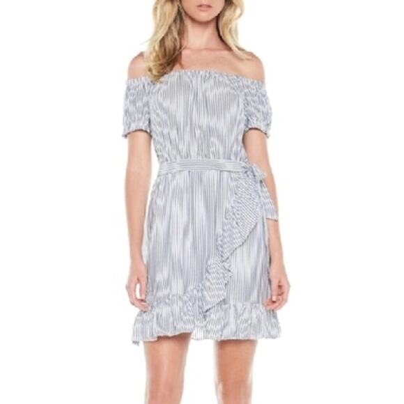 BARDOT Bobbi Striped Off Shoulder Ruffle Mini Dress Size 10 NWT MSRP $99 - Picture 1 of 8